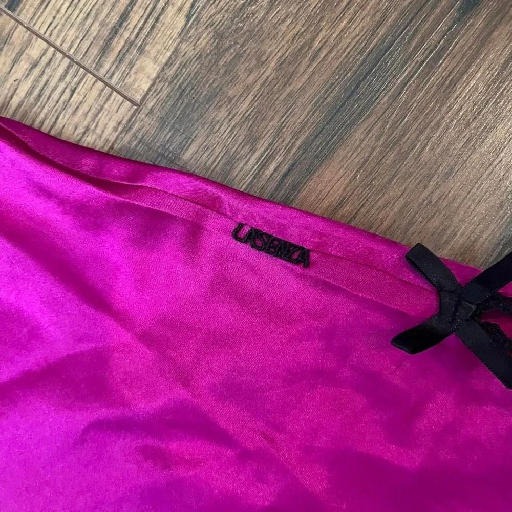 La Senza Pink Satin Slip Dress Black Lace Trim & Bow Women M Y2K Coquette Fairy - Picture 6 of 6